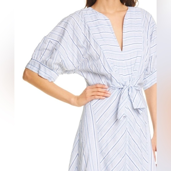 Rebecca Taylor Directional Stripe Belted Cotton Linen Midi Dress Blue White 6 - Picture 2 of 9